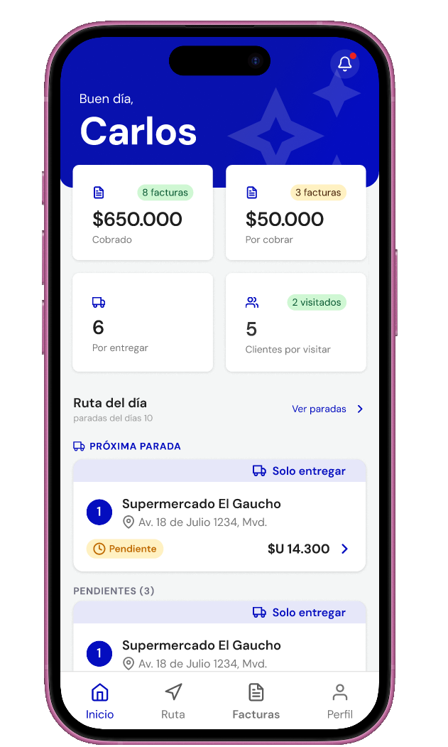 Pantalla de inicio del portal del distribuidor con los cobros y entregas del día