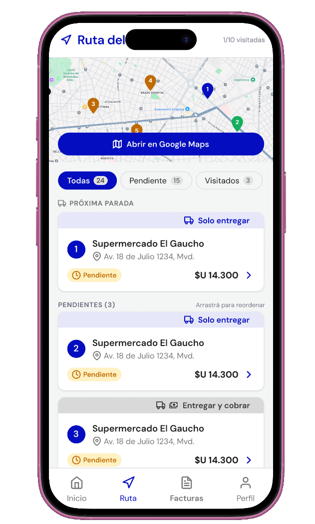 Ruta del día del distribuidor con las paradas ordenadas en el mapa